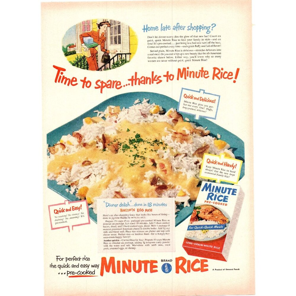 1952 Minute Rice Bacon Egg Rice Receipe Vintage Print Ad Late Shopping Wall Art